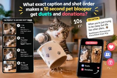 What exact caption and shot order makes a 10-second pet blooper get duets and donations
