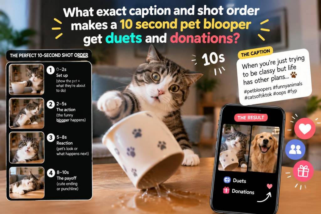 What exact caption and shot order makes a 10-second pet blooper get duets and donations